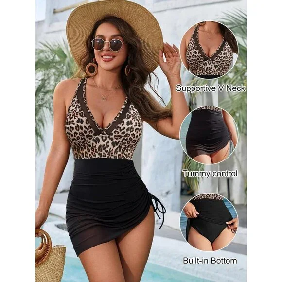 Womens Blooming Jelly black One Piece Swim Dress with Tummy Control - Picture 2 of 5